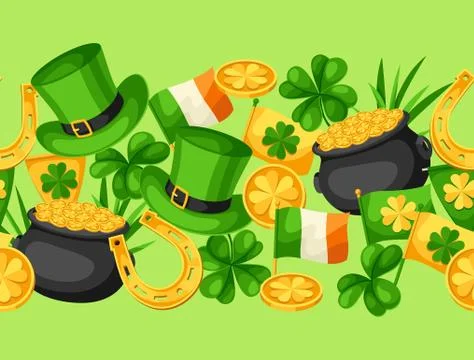 Saint Patricks Day seamless pattern. Flag Ireland, pot of gold coins, shamrocks Stock Illustration