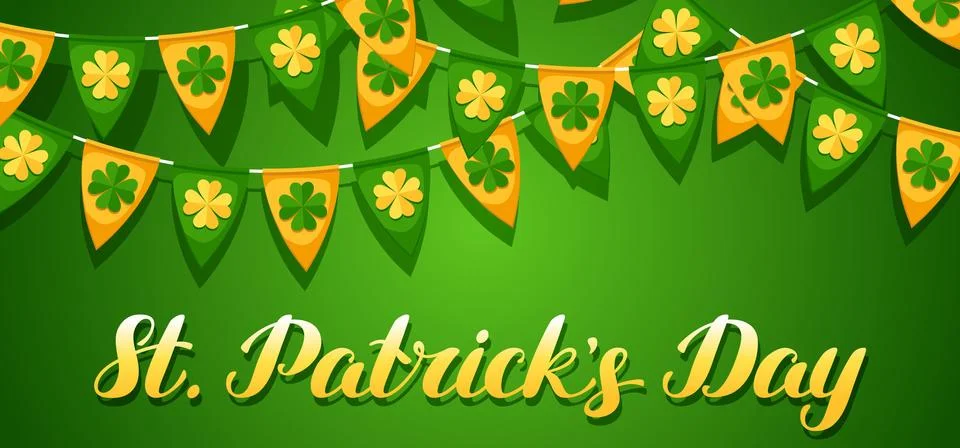 Saint Patricks Day seamless pattern. Garland flags with clover Stock Illustration