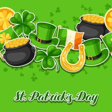 Saint Patricks Day seamless pattern. Flag Ireland, pot of gold coins, shamrocks Stock Illustration