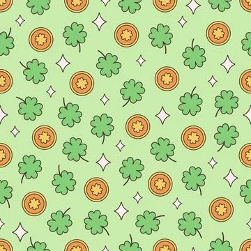 Saint Patricks Day seamless pattern. Clover with four leaf, gold coins Иллюстрация