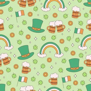 Saint Patricks Day seamless pattern. Retro rainbow, beer mugs, cylinder hat Иллюстрация