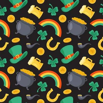 Saint Patrick's Day Seamless Pattern Design Featuring Decorative Elements i.. Illustrazione stock