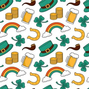 Saint Patrick's Day Seamless Pattern Design Featuring Hand Drawn Decorative.. Illustrazione stock
