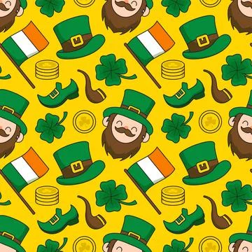 Saint Patrick's Day Seamless Pattern Design Featuring Hand Drawn Decorative.. Stock Illustration