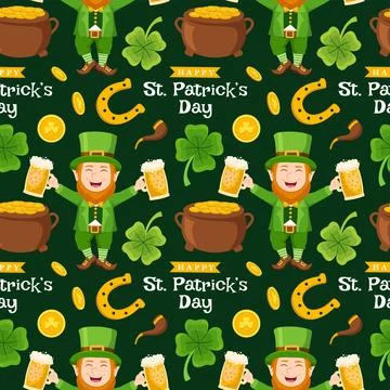 Saint Patrick's Day Seamless Pattern Design Featuring Hand Drawn Decorative.. Stock Illustration