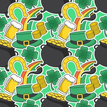 Saint Patrick's Day Seamless Pattern Design Featuring Hand Drawn Decorative.. Illustrazione stock