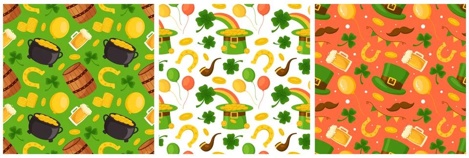 Saint Patrick's Day Seamless Pattern Design Featuring Hand Drawn Decorative.. Illustrazione stock