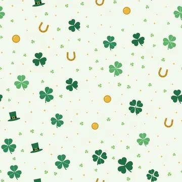 Saint Patricks Day seamless pattern with shamrocks, four leaf clovers, Stock Illustration