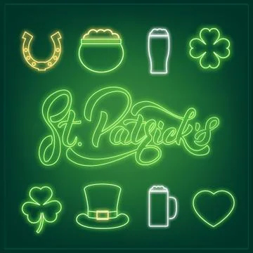 Saint Patrick's Day. Set of neon icons and St. Patrick's lettering. Patrick Day Illustrazione stock