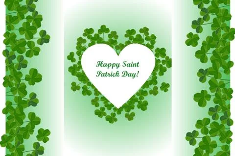 Saint Patricks Day vector background, heart shape frame with cute shamrock le Stock Illustration