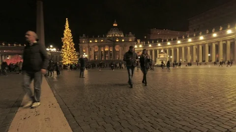 Saint Peter Square at night - Illuminated for The Inauguration of the Christmas Stock Footage 99503227