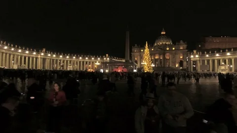 Saint Peter Square at night - Pan view Inauguration of the Christmas Tree Stock Footage 99502818