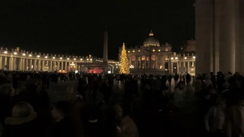 Saint Peter Square at night - Pan view Inauguration of the Christmas Tree Stock Footage 99502895