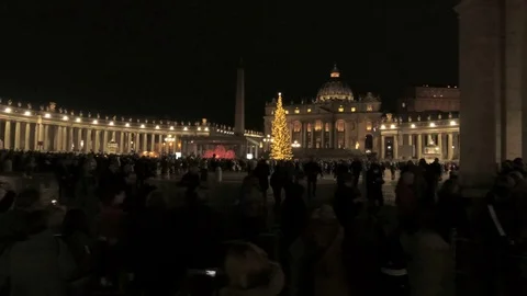 Saint Peter Square at night - Pan view Inauguration of the Christmas Tree Stock Footage 99503038