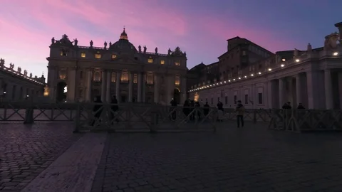 Saint Peter square with thw dome in background at dusk Stock Footage 99316639