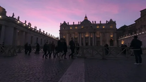 Saint Peter square with thw dome in background at dusk Stock Footage 99316647