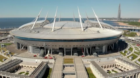 Saint-Petersburg, Russia 21.05.2018: aerial view of Gazprom Arena stadium Stock Footage