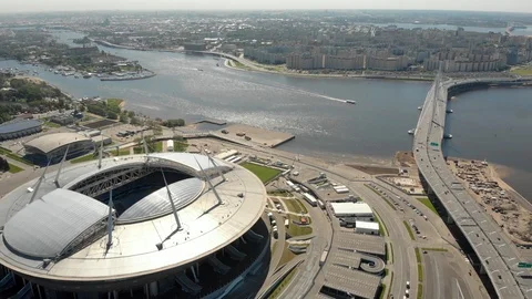 Saint-Petersburg, Russia 21.05.2018: Neva river, Gazprom Arena and highway Stock Footage