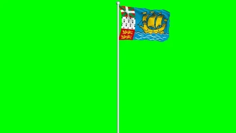 Saint Pierre and Miquelon Flag Waving on Wind Loopable Green Blue Screen Matte Stock Footage