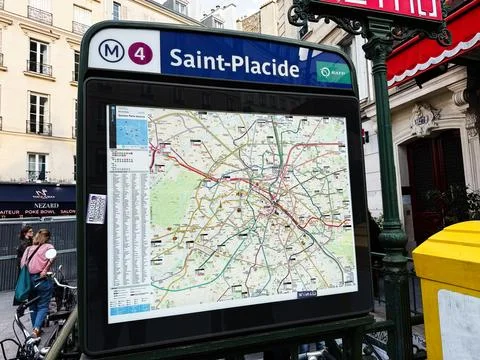 Saint-Placide metro map display in Paris, France showing metro station sign.. Foto stock