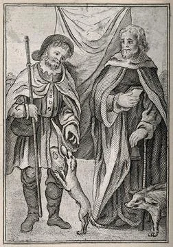 Saint Roch and Saint Antony of Padua. Etching. Stock Illustration