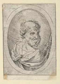 Saint Simon seen from behind, turning to the right and holding a saw, in an.. Stock Photos