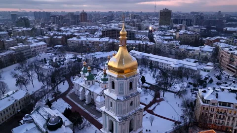 Saint Sophia Cathedral and Sofiyivska Square in Kyiv during christmas market Stock Footage 170453874