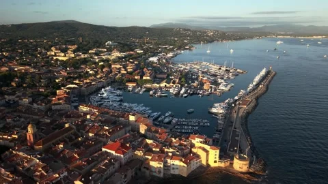 Saint-Tropez Harbor and Old Town at Sunset, French Riviera, France 스톡 동영상 318928836