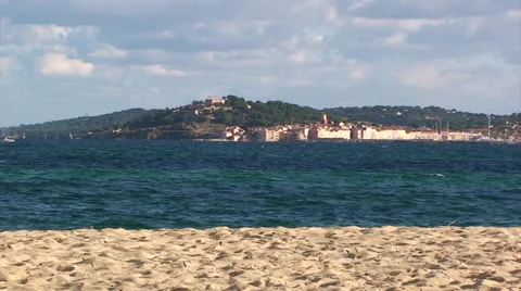 Saint Tropez old town from the beach across the bay Stock Footage 51047347