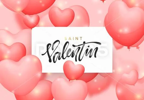 Saint valentin background with pink color balloons in the form of hearts Stock Illustration