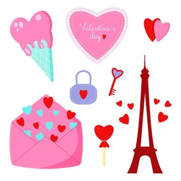 Saint Valentine s day vector set. Icecream, envelope, hearts, key Stock Illustration
