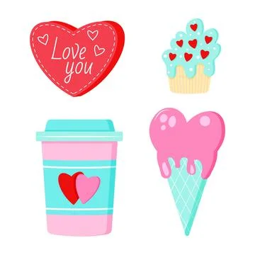 Saint Valentine s day vector set. Coffee, icecream, heart, puncake イラスト素材