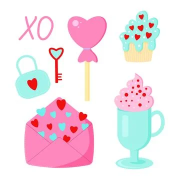 Saint Valentine s day vector set. Envelope, coffee, pancake, lollipip, lock.. Stock Illustration