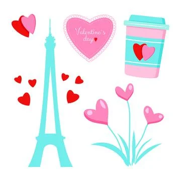 Saint Valentine s day vector set. Eifel tower, flowers, hearts イラスト素材