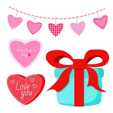 Saint Valentine s day vector set. Gift box, hearts 스톡 일러스트