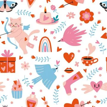 Saint Valentine's seamless pattern with cute romantic elements on a white b.. Illustrazione stock