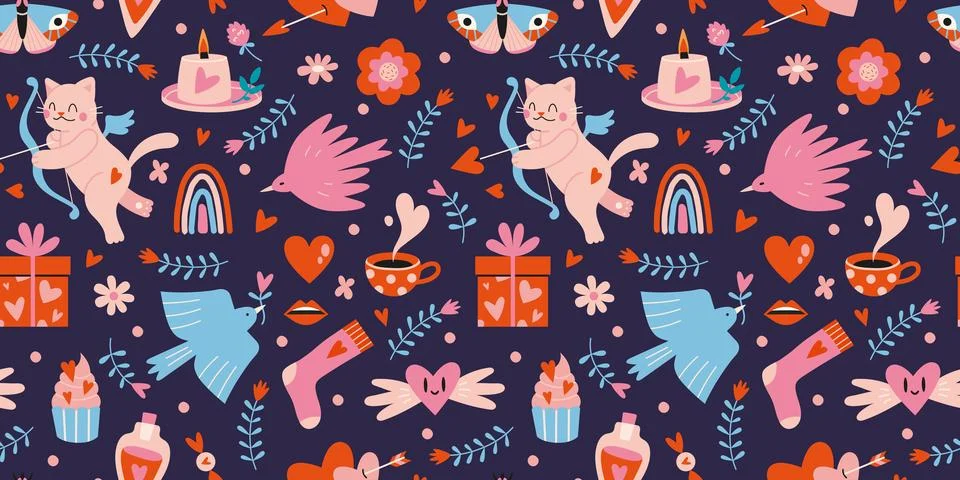 Saint Valentine's seamless pattern with cute romantic elements on a dark ba.. Stock Illustration