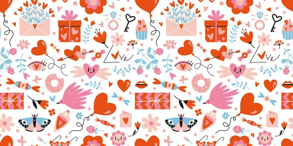 Saint Valentine's seamless pattern with cute romantic elements on a white b.. Stock Illustration