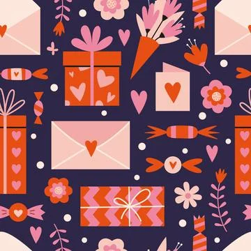 Saint Valentine's seamless pattern with cute romantic presents, sweets, gift  Stock Illustration