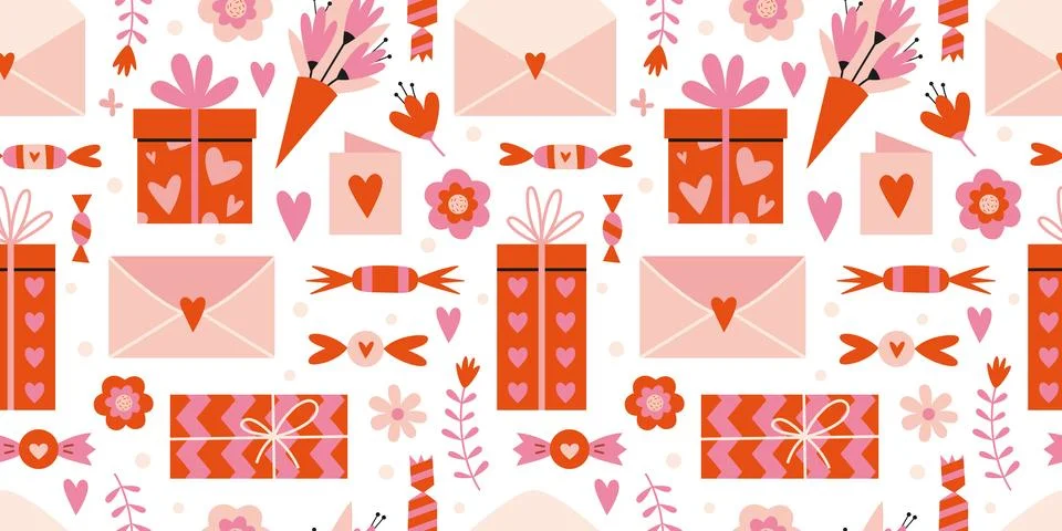 Saint Valentine's seamless pattern with cute romantic presents, sweets, gift  Stock Illustration