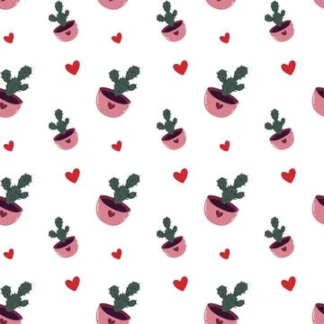 Saint Valentines seamless pattern with cute cactus and hearts. Trendy hand .. Stock Illustration