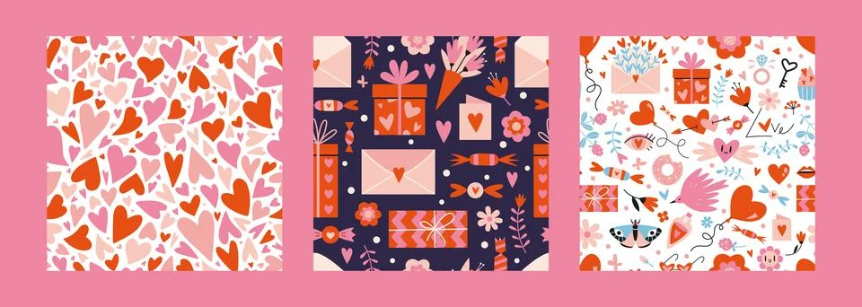 Saint Valentine's seamless pattern set, cartoon style. Cute romantic objects  Stock Illustration