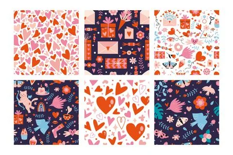 Saint Valentine's seamless pattern set, cartoon style. Cute romantic object.. Stock Illustration