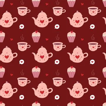 Saint Valentine's seamless pattern with Teapot and Cupcake Illustrazione stock