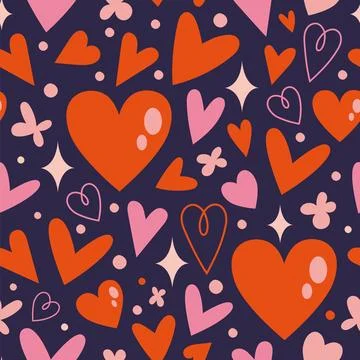 Saint Valentine's seamless pattern with various cute hearts on a dark backg.. Stock Illustration