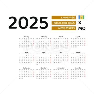 Saint Vincent and the Grenadines Calendar 2025. Week starts from Monday