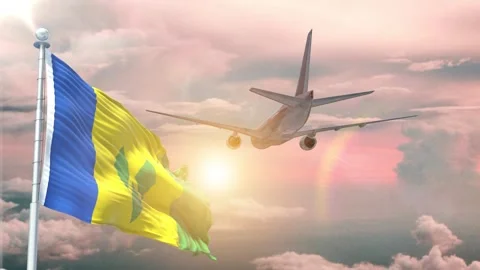 Saint Vincent and the Grenadines flag Waving Realistic With Sky Plane Takes Stock-Footage 295290451
