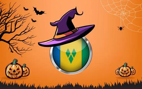 Saint vincent and the grenadines round flag with Happy Halloween banner or .. Stock Illustration
