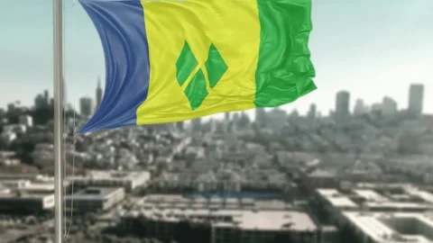 Saint Vincent           Pole flag Against City Blurred Background 3D Renderi 스톡 동영상 281434592