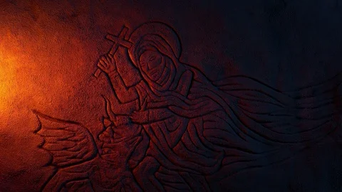 Saint Wrestles Devil Stone Carving In Candlelight Stock Footage 122986396